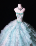 Niulatu Sweetheart Ball Gown Tulle Long Prom Dresses, Tiffany Blue Quinceanera Dresses HZ1026