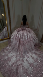 Niulatu Off-the-shoulder Ball Gown Tulle Sequin Long Prom Dresses, Pink Quinceanera Dresses Sweet 16 Dress HZ1026