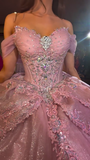 Niulatu Off-the-shoulder Ball Gown Tulle Beading Long Prom Dresses, Pink Quinceanera Dresses Sweet 16 Dress HZ1026