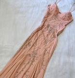 Niulatu Spaghetti Strap Sheath Chiffon Beaded Long Prom Dresses, Peach Formal Evening Dresses HZ1026