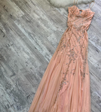 Niulatu Spaghetti Strap Sheath Chiffon Beaded Long Prom Dresses, Peach Formal Evening Dresses HZ1026
