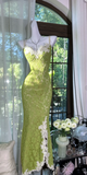 Niulatu Spaghetti Strap Mermaid Lace Long Prom Dresses, Green Formal Evening Dresses HZ1026