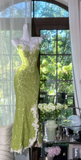 Niulatu Spaghetti Strap Mermaid Lace Long Prom Dresses, Green Formal Evening Dresses HZ1026