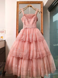 Niulatu Strap Ball Gown Lace Prom Dresses, Pink Birthday Dresses HZ1026