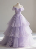 Niulatu Off-the-shoulder A-Line Tulle Long Prom Dresses, Purple Sweet 16 Dress HZ1026