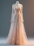 Niulatu V Neck A-Line Tulle Applique Long Prom Dresses, Light Pink Sweet 16 Dress HZ1026