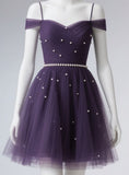 Niulatu Off-the-shoulder A-Line Tulle Short Prom Dresses, Purple Homecoming Dresses HZ1026