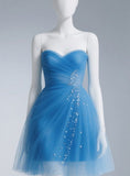 Niulatu Sweetheart Neck A-Line Tulle Short Prom Dresses, Blue Homecoming Dresses HZ1026