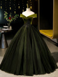 Niulatu Off Shoulder Velvet Tulle Green Long Prom Dress, Green Long Formal Dress HZ1026