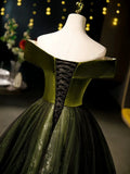 Niulatu Off Shoulder Velvet Tulle Green Long Prom Dress, Green Long Formal Dress HZ1026