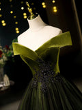 Niulatu Off Shoulder Velvet Tulle Green Long Prom Dress, Green Long Formal Dress HZ1026