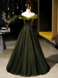 Niulatu Off Shoulder Velvet Tulle Green Long Prom Dress, Green Long Formal Dress HZ1026
