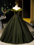 Niulatu Off Shoulder Velvet Tulle Green Long Prom Dress, Green Long Formal Dress HZ1026
