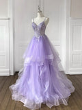 Niulatu V Neck Tulle Sequin Blue Long Prom Dress, Blue Long Evening Dress HZ1026