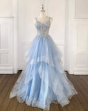 Niulatu V Neck Tulle Sequin Blue Long Prom Dress, Blue Long Evening Dress HZ1026