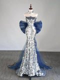 Niulatu Tulle Sequin Silver Long Prom Dress, Strapless Long Party Dress HZ1026