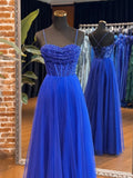 Niulatu Sweetheart Neck Tulle Sequin Blue Long Prom Dresses, Blue Long Formal Dresses HZ1026
