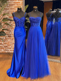 Niulatu Sweetheart Neck Tulle Sequin Blue Long Prom Dresses, Blue Long Formal Dresses HZ1026
