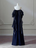 Niulatu Satin Sheath Long Prom Dress, Dark Blue Long Evening Dress HZ1026