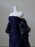 Niulatu Satin Sheath Long Prom Dress, Dark Blue Long Evening Dress HZ1026