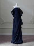 Niulatu Satin Sheath Long Prom Dress, Dark Blue Long Evening Dress HZ1026