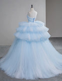 Niulatu Sweetheart Neck Ball Gown Tiered Tulle Long Prom Dresses, Blue Sweet 16 Dress HZ1026