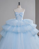 Niulatu Sweetheart Neck Ball Gown Tiered Tulle Long Prom Dresses, Blue Sweet 16 Dress HZ1026