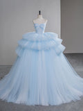 Niulatu Sweetheart Neck Ball Gown Tiered Tulle Long Prom Dresses, Blue Sweet 16 Dress HZ1026