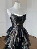 Niulatu Tulle Applique Black Long Prom Dress, Black Long Formal Dress HZ1026