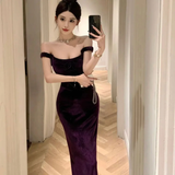 Niulatu Velvet Long Sheath Prom Dress Purple Off Shoulder Slit Party Evening Gown HZ1007