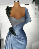 Niulatu Blue Satin Beaded Mermaid Evening Dress Long Formal Prom Dress HZ1007