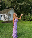 Niulatu Spaghetti Straps Lavender Chiffon Print Floral Evening Dress Ruffles Long Prom Dress HZ1007