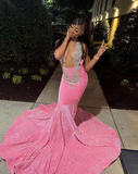 Niulatu Pink Beaded Sequins Evening Dress Mermaid Prom Dress HZ1007