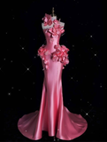 Niulatu Pink Satin 3D Flowers Mermaid Prom Dress Long Evening Dress HZ1007