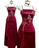 Niulatu Burgundy Satin Chiffon Beaded Prom Dress Evening Dress HZ1007