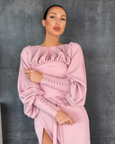 Niulatu Boat Neck Prom Dress Long Sleeves High Slit Satin Evening Dress Buttoned Cuffs Sheath Formal Party Dress HZ1007