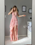 Niulatu Deep V Pink Tiered Evening Dress Chiffon Prom Dress HZ1007