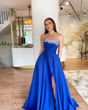 Niulatu Blue A-line High Slit Prom Dress Royal Blue Evening Dress HZ1007