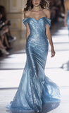 Niulatu Off The Shoulder Mermaid Evening Dress Blue Long Prom Dress HZ1007