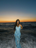 Niulatu Blue Chiffon Print Evening Dress Spaghetti Straps V Neck Prom Dress HZ1007
