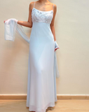 Niulatu Pastel Blue Straps Chiffon Appliques Beaded Prom Evening Dress HZ1007