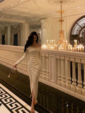 Niulatu Sheath Off The Shoulder Long Sleeves White Slit Prom Dresses Birthday Outfits SD567