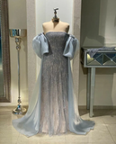 Niulatu Blue Tulle Prom Dresses Strapless Floor Length Special Occasion Evening Dress HZ1007