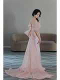 Niulatu Mermaid Strapless Pink Sequin Long Evening Dress Prom Dresses With Bow HZ1110