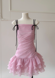 Niulatu Pink A Line Spaghetti Strap Layered Chiffon Homecoming Dress HZ0113