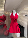 Simple A Line Halter Red Chiffon Floral Short Formal Homecoming Dresses Party Graduation Dress Hoco Dresses HZ1121