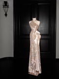 Niulatu Champagne Gold Sequin Sheath Prom Dress Halter Long Evening Dress HZ1007