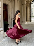 Niulatu A Line Straps Burgundy Satin Long Prom Dress Evening Dress HZ1007