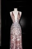 Niulatu Deep V Sequin Backless Long Evening Dress Formal Prom Dress HZ1007