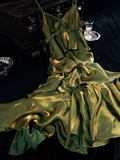 Niulatu Retro A line Spaghetti Straps Green Long Prom Dress Birthday Dresses SD497